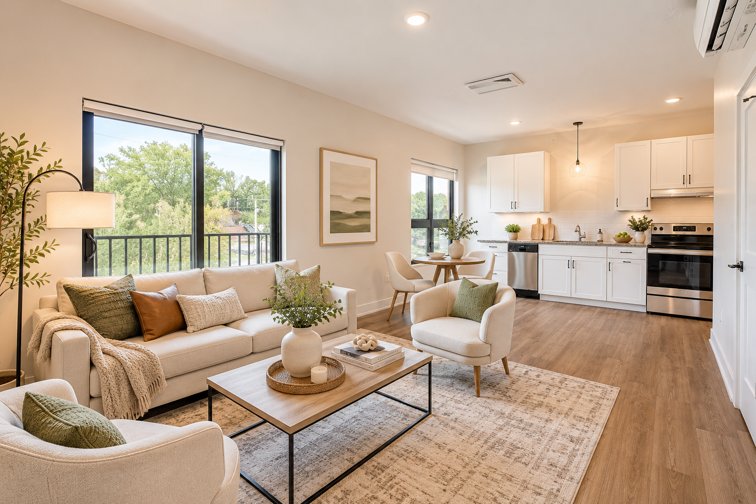 Living area with large windows and natural light at Bradford Station Apartments