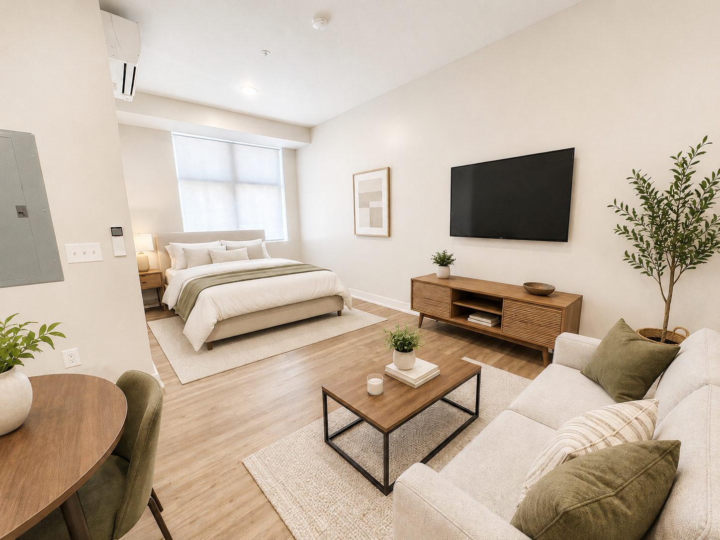 Studio apartment living area at Bradford Station Apartments