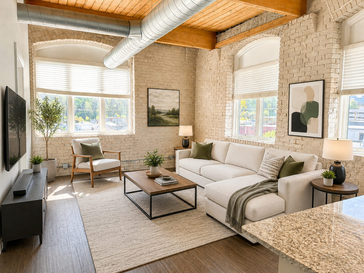 Modern living room with exposed brick and large windows at River Flats apartments in Grand Rapids, MI