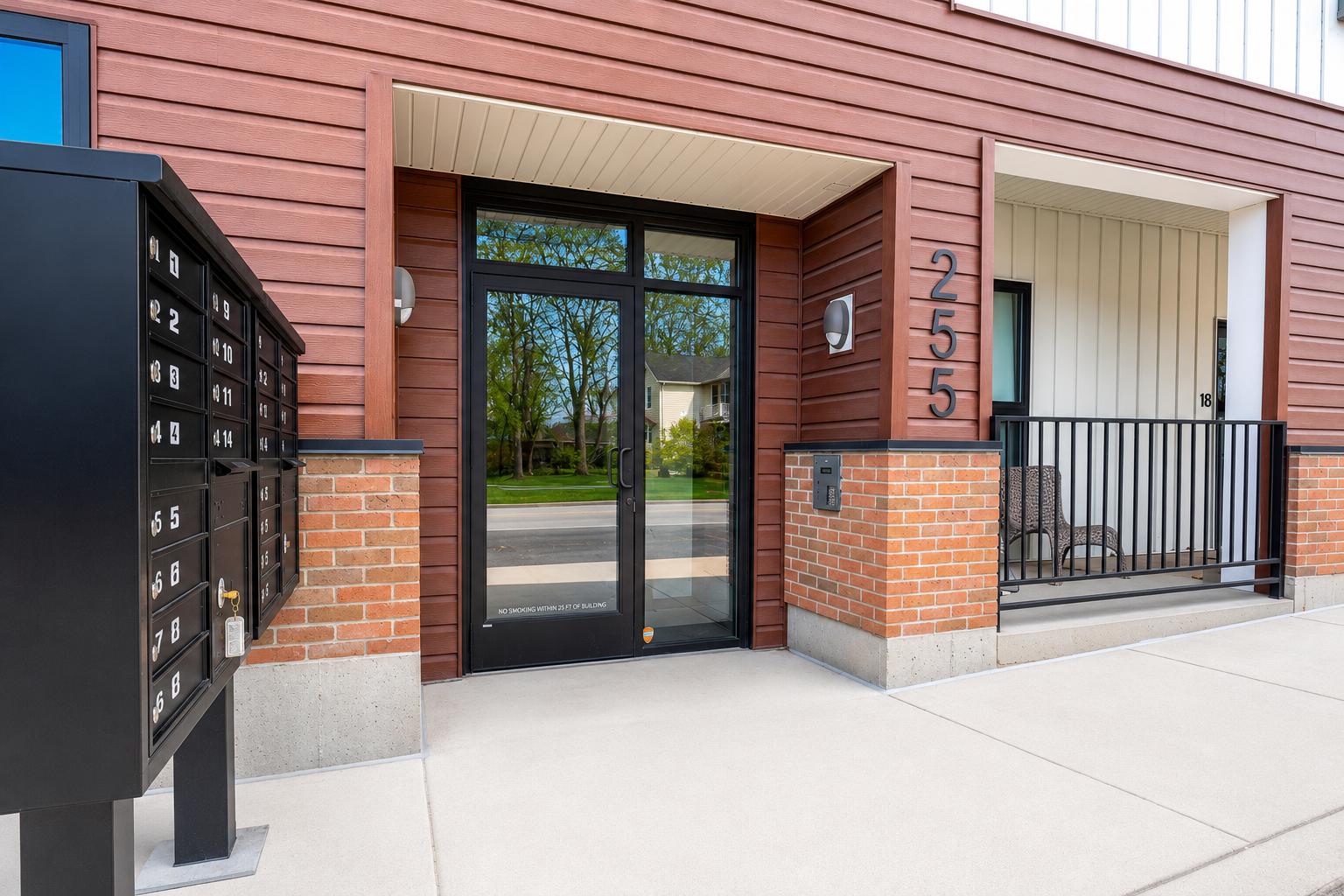 Main entrance to Bradford Station Apartments in Grand Rapids, MI