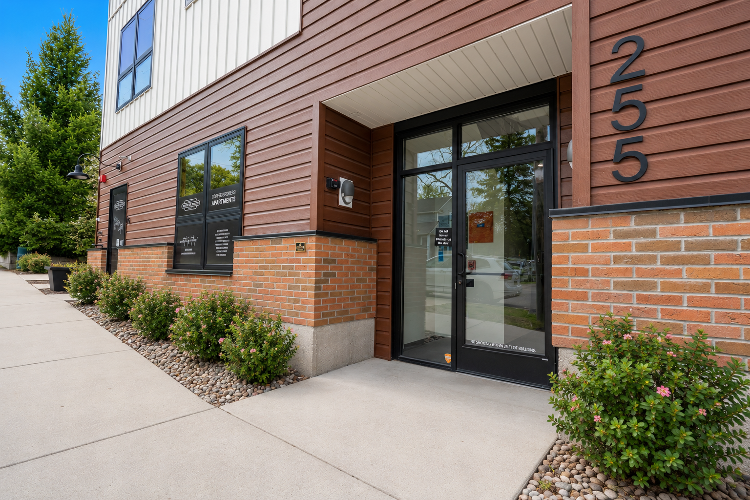 South entrance of Bradford Station Apartments in Grand Rapids, MI