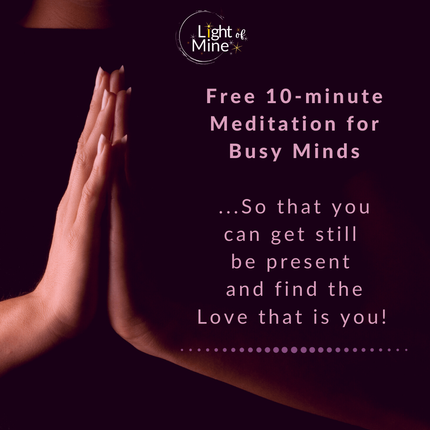 A woman's hands with palms together and text offering a free meditation to help be more heart centered.