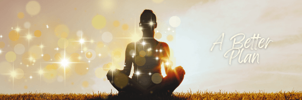 a woman meditating in nature with light and energy around her
