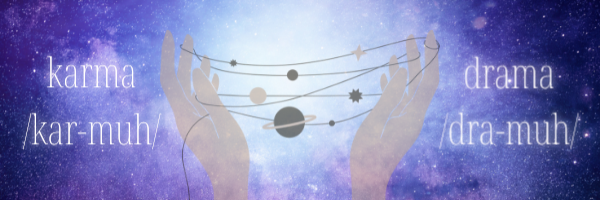 hands holding strings to represent the universe and karma, background on purple universe