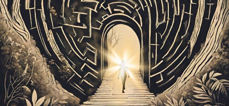 a woman walking up stairs into a doorways surrounded by a labyrinth,