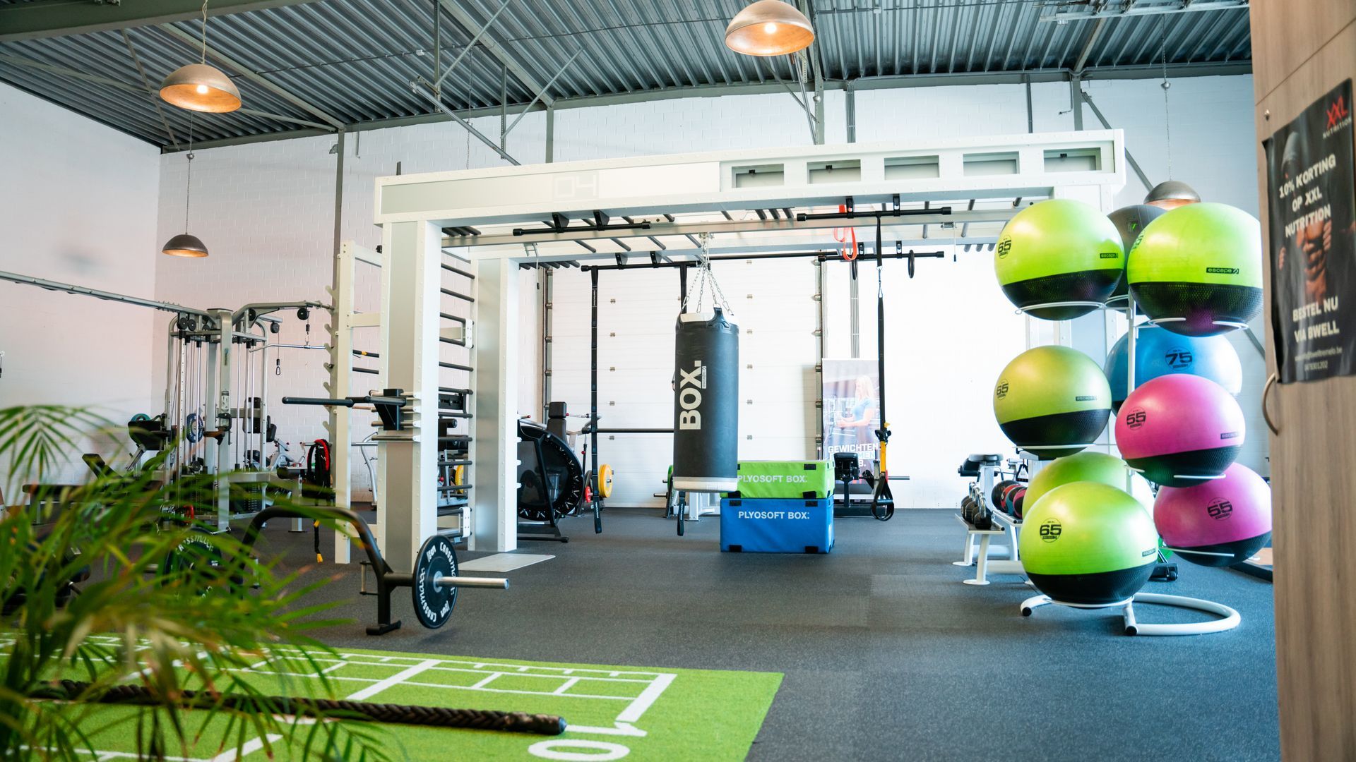 Een gymzaal met groene en roze oefenballen en een groene mat