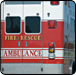Rear of a red and white fire rescue ambulance, with emergency lights and the word 