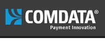 Comdata logo with a blue design, white text on a dark gray background: