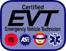 Certified Emergency Vehicle Technician badge with logos for fire, ASE, and ambulance services.  |  Quality Car & Truck Repair Inc