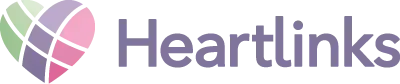 Heartlinks logo with heart-shaped geometric design in shades of green, purple, and pink.