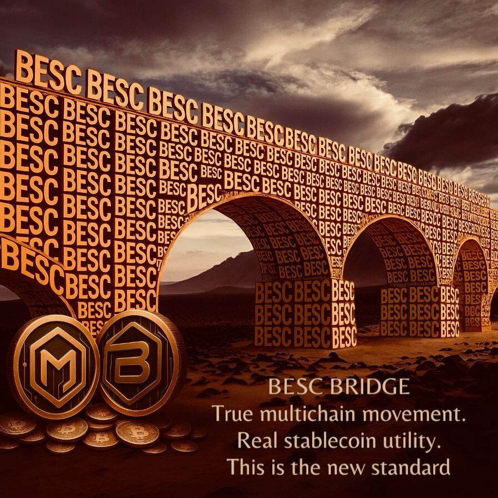 An advertisement for besc bridge that says true multichain movement real stablecoin utility