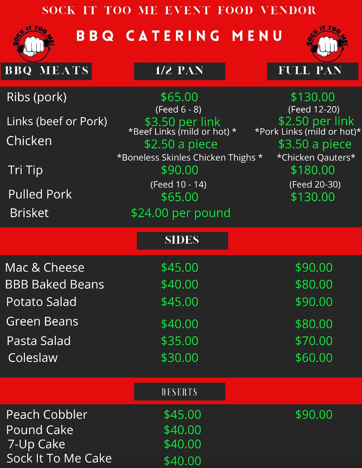 Sock it too me event food vendor bbq catering menu