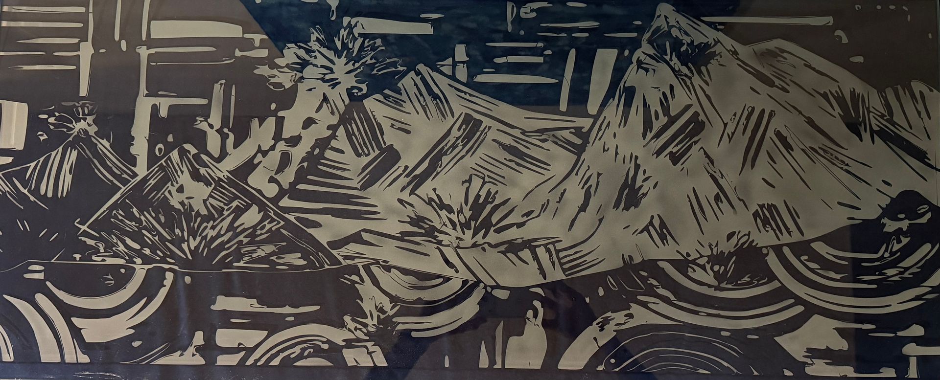 Abstract black-and-white patterned landscape with layered mountains and swirling lines