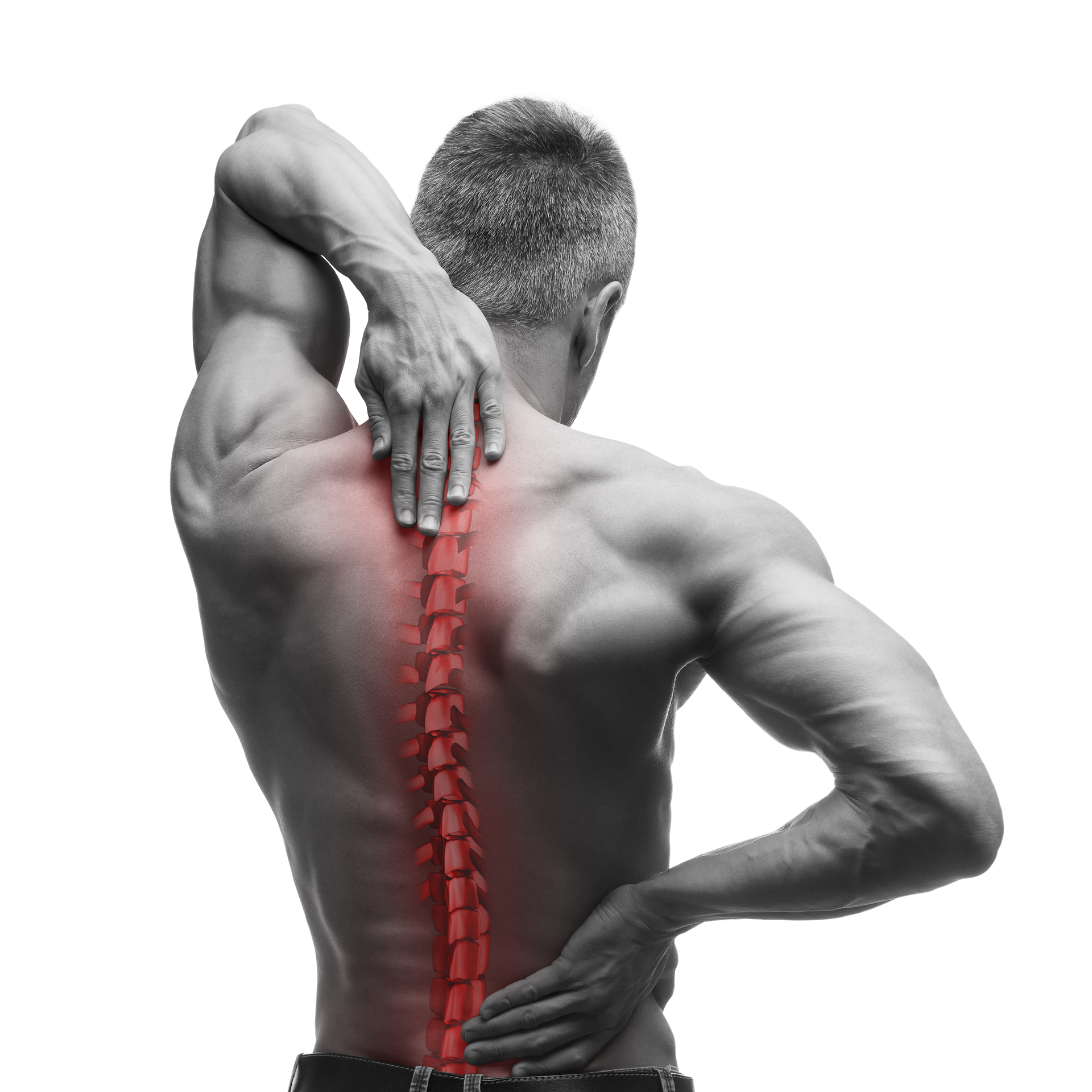 A man is holding his neck and back in pain.