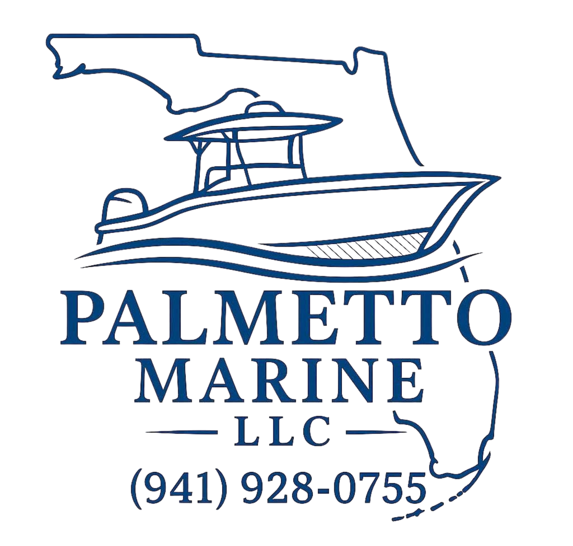 Palmetto Marine LLC logo with Florida outline, boat graphic, and phone number (941) 928-0755