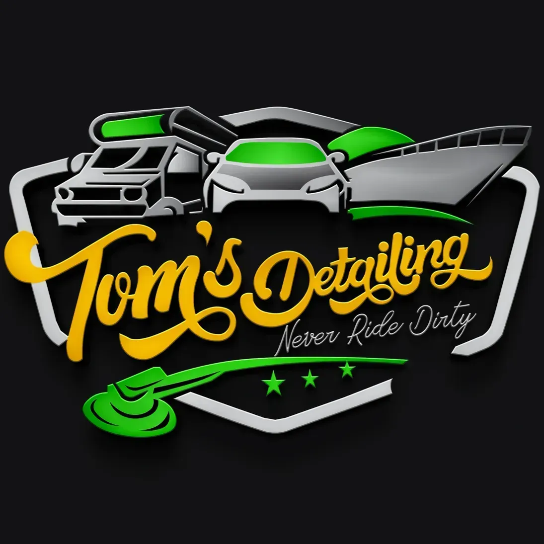 Tom’s Detailing logo with green and black car graphics and gold script on a dark background
