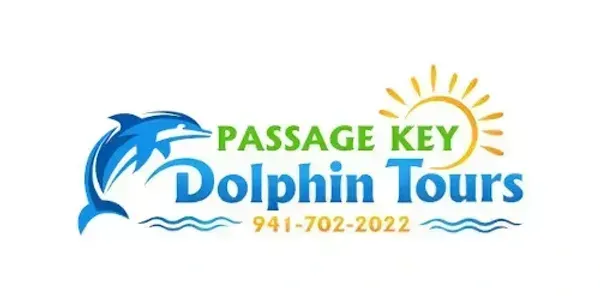 Passage Key Dolphin Tours logo with blue dolphin, green text, and sun icon; phone number 941-702-2022