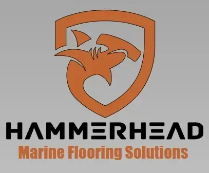 Orange hammerhead shark logo with “HAMMERHEAD Marine Flooring Solutions” text on a gray background