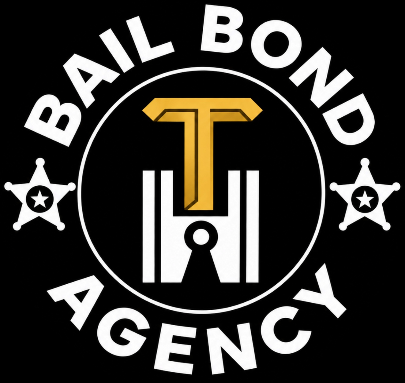 Bail Bond Agency logo with gold torch and scales on black background