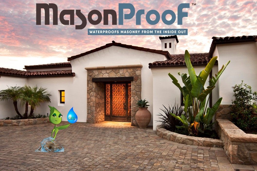 MasonProof™ is a colorless, non-film-forming treatment of mineral substrates (masonry) that ensures the capillary absorption of water is inhibited long term, while textures are not affected. This is a photo of an example of that using a stucco home and paver entry