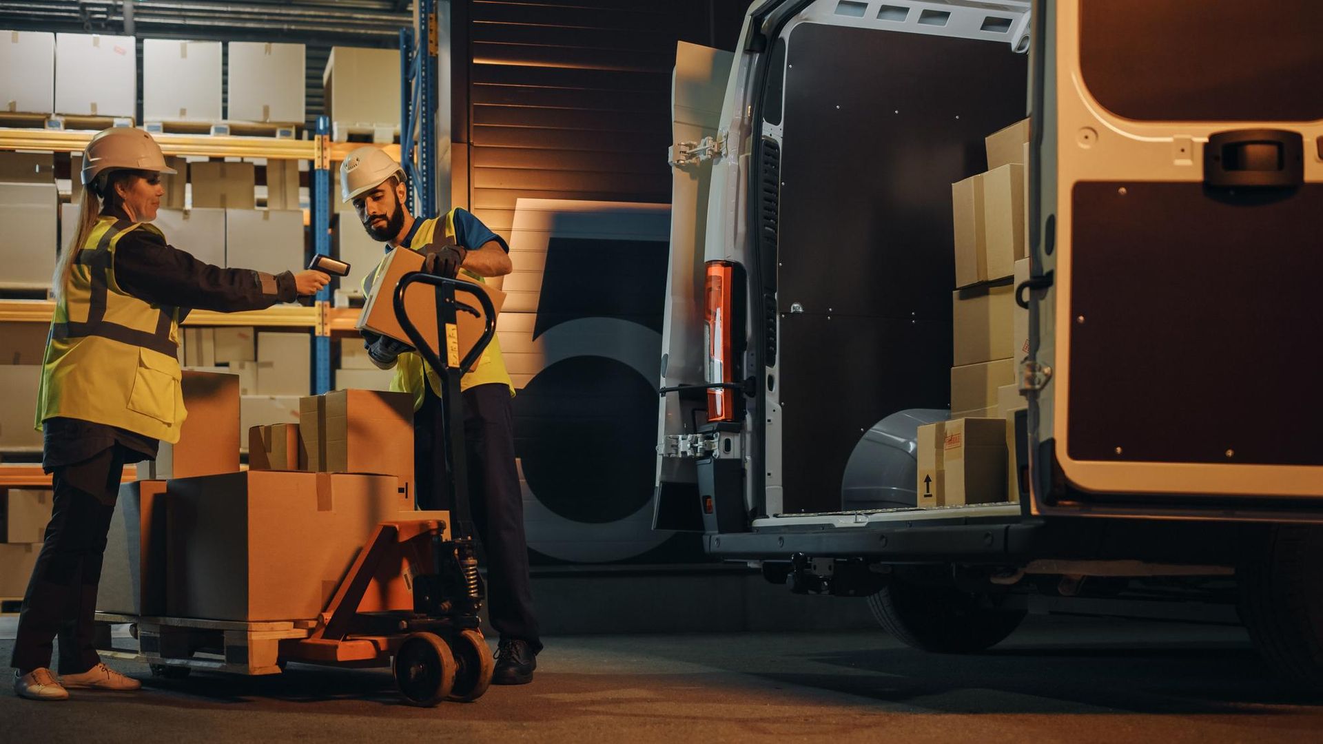 Two men are loading boxes into a van in a warehouse.