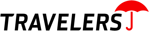 A logo for travelers j with a red umbrella