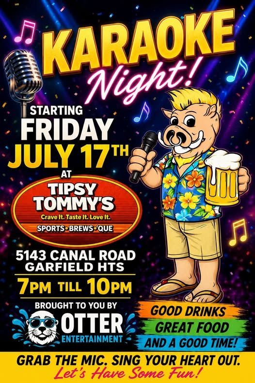 Karaoke Night flyer at Tipsy Tommy’s, Friday July 17, 7–10 PM, with singer and beer mug illustrations