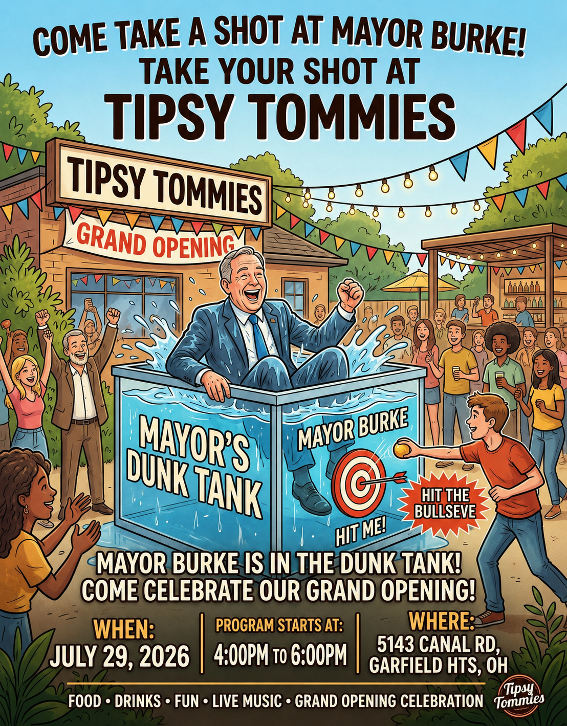 Mayor Burke's dunk tank at Tipsy Tommies grand opening, with crowd and festive bunting.