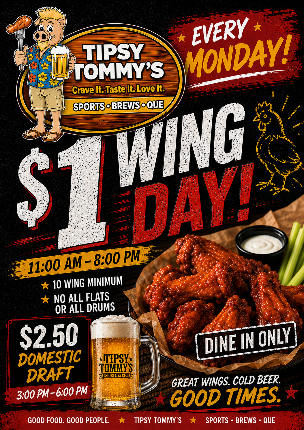 Topsy Tommy’s ad: $1 wing day every Monday, with wings, wings sauces, and dine-in only details.