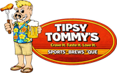 Cartoon mascot holding beer and hot dog beside Tipsy Tommy&rsquo;s Sports-Brews-Que logo