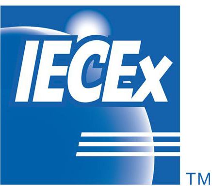 En blå och vit logotyp för iecex