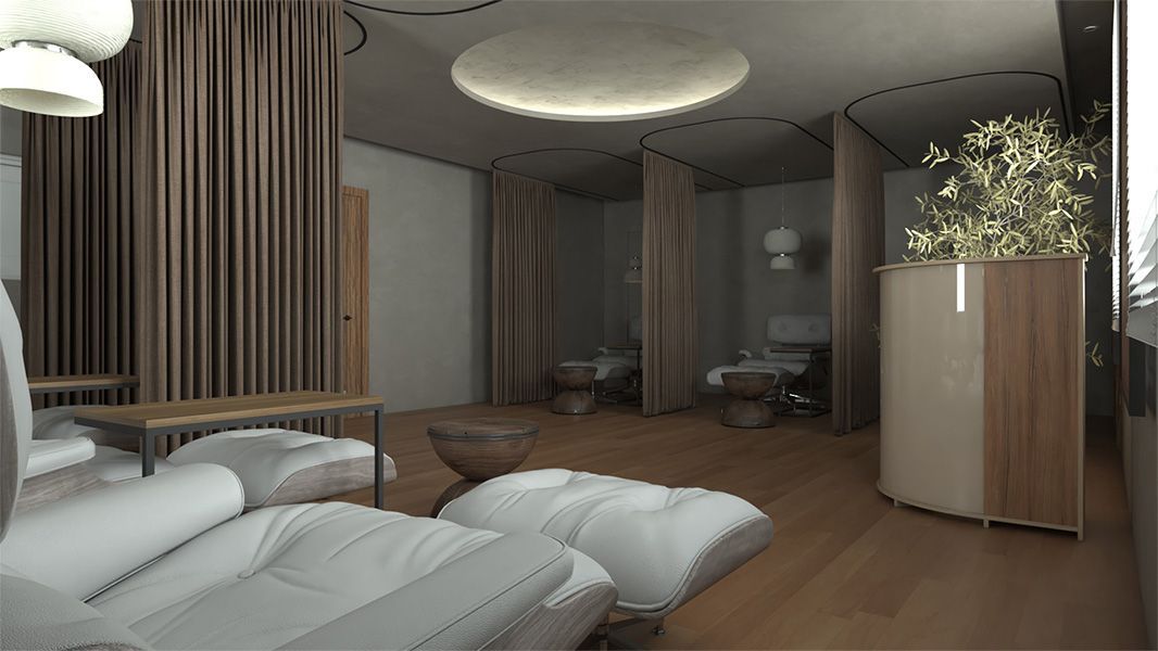 Modern bedroom with wooden furnishings, white bedding, curtains, and a potted plant by the wall