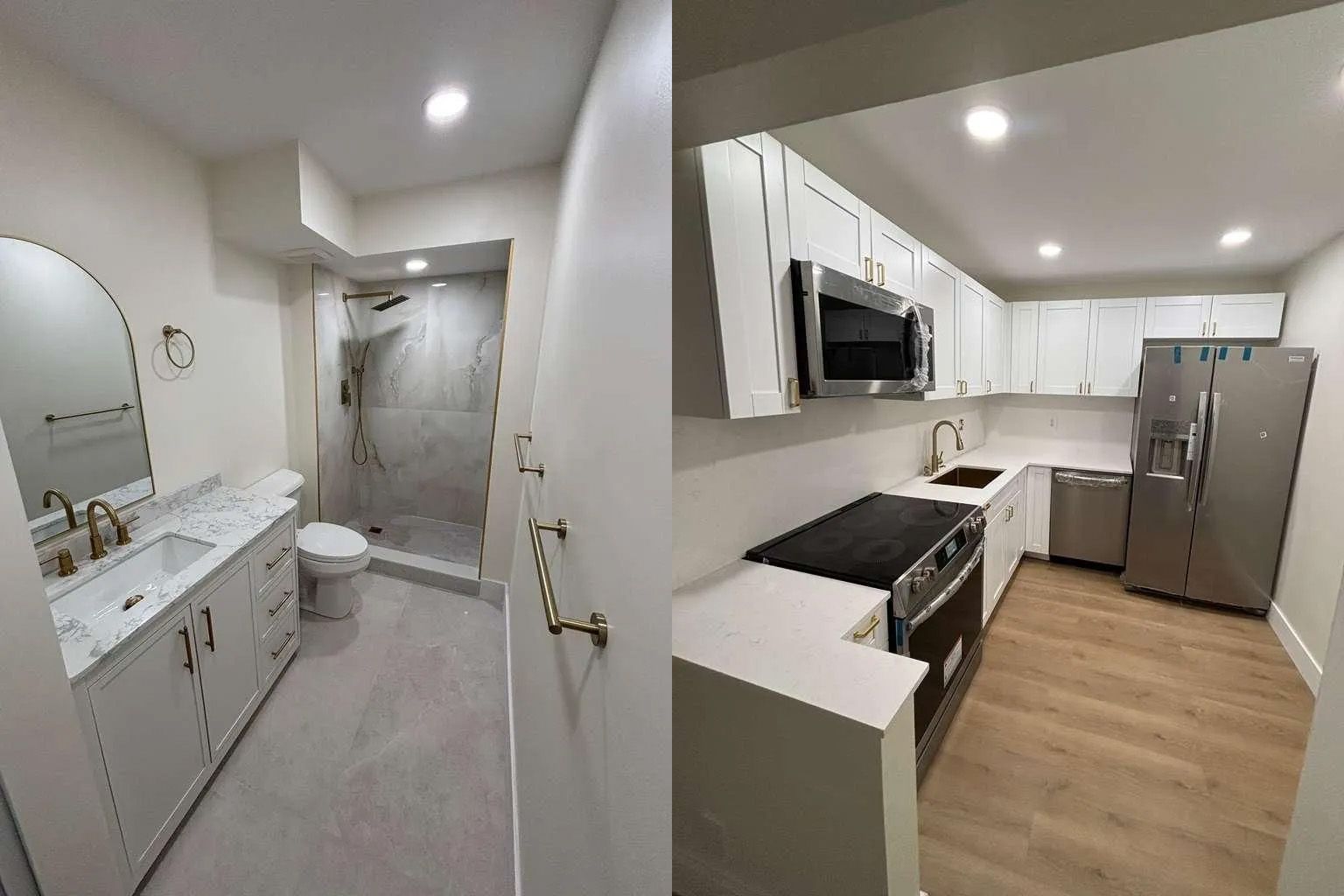 Bright modern kitchen and bathroom hallway with white cabinets, stainless appliances, and wood flooring