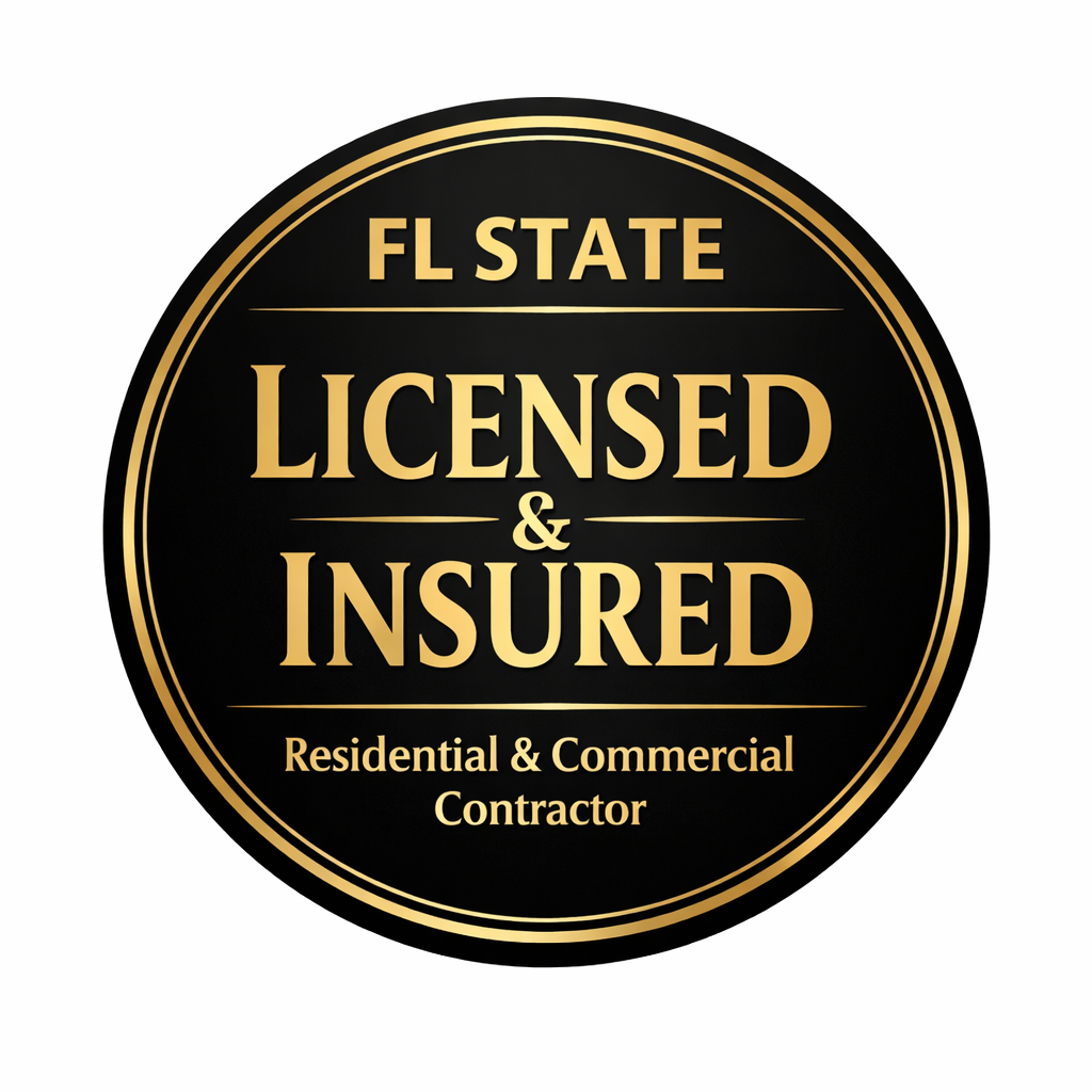 Circular black-and-gold contractor badge reading “EL STATE LICENSED & INSURED Residential & Commercial Contractor”