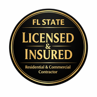 Circular black-and-gold contractor badge reading “EL STATE LICENSED & INSURED Residential & Commercial Contractor”