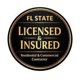 Circular black-and-gold contractor badge reading “EL STATE LICENSED & INSURED Residential & Commercial Contractor”