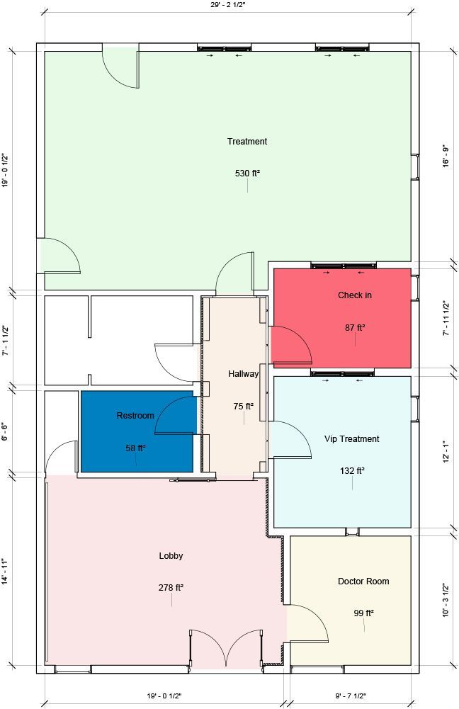 Color-coded apartment floor plan with labeled rooms, including living area, kitchen, bath, and bedrooms.