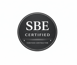 Black circular SBE Certified logo with white text and border on a white background