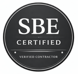 Black circular SBE Certified logo with white text and border on a white background