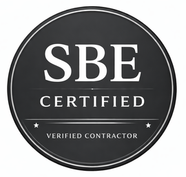 Black circular SBE Certified logo with white text and border on a white background