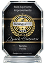 Step Up Home Improvements BusinessRate 2025 Best of award plaque, Tampa, Florida.
