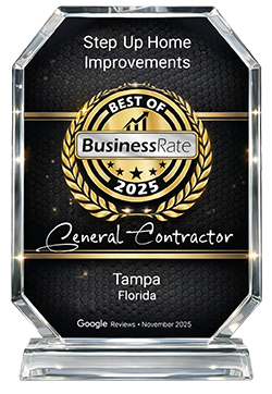 Step Up Home Improvements BusinessRate 2025 Best of award plaque, Tampa, Florida.