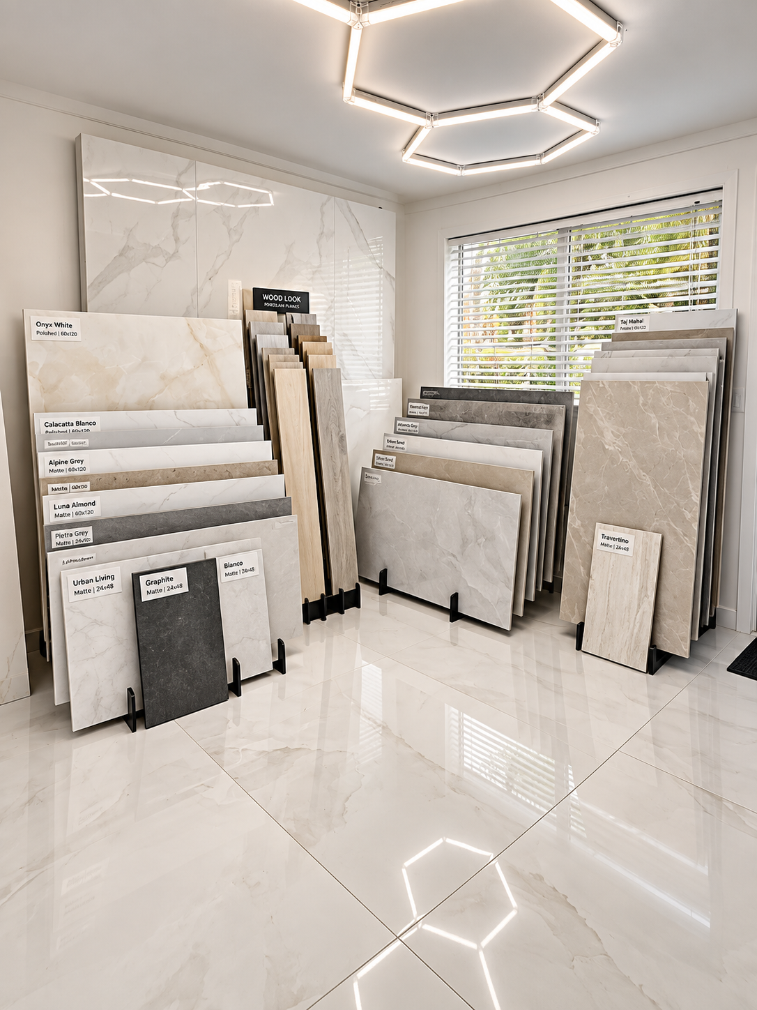 Large-format flooring and tile displays at Fort Lauderdale showroom