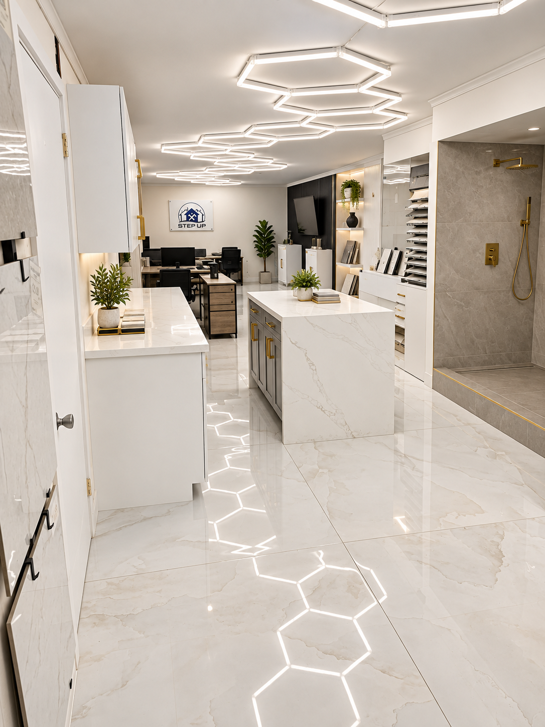 Kitchen and bathroom remodeling displays at Step Up Home Improvements Fort Lauderdale showroom