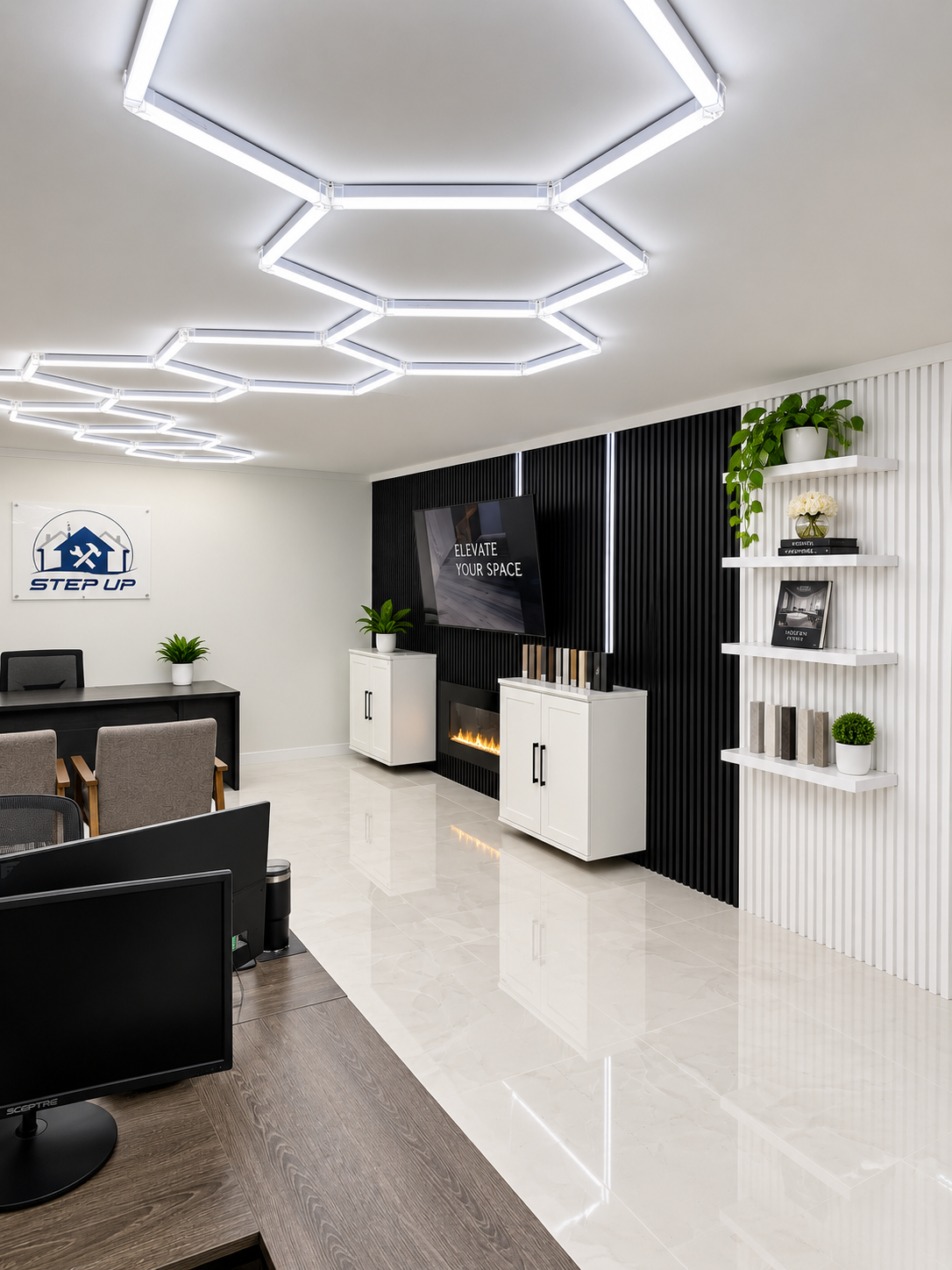 White kitchen cabinetry and countertop display at Fort Lauderdale remodeling showroom