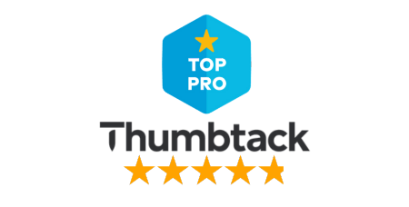 Thumbtack Top Pro badge with five gold stars and a blue hexagon logo