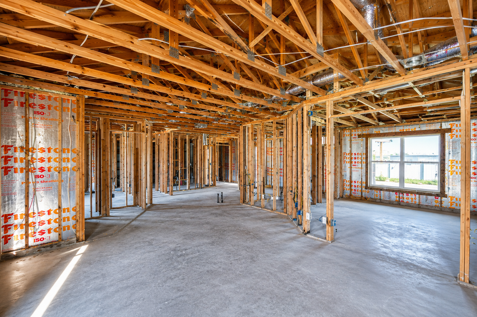 Unfinished house interior with exposed wood framing, concrete floor, and large windows letting in daylight