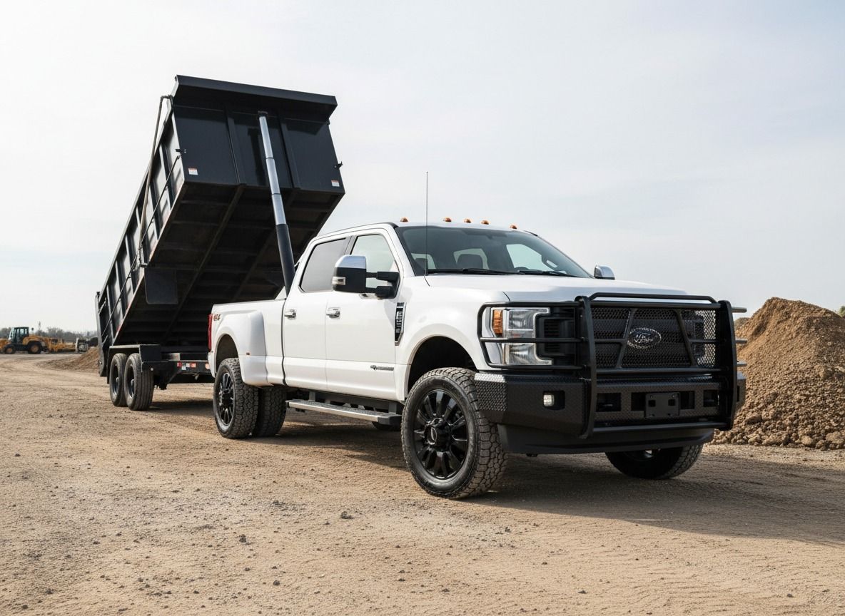 A white dually pickup truck with a black brush guard pulling a large dump trailer in an outdoor construction site.