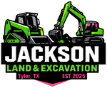 Logo for Jackson Land & Excavation in Tyler, TX, showing green construction equipment over bold black and white text.