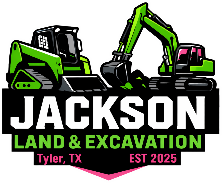 Logo for Jackson Land & Excavation in Tyler, TX, showing green construction equipment over bold black and white text.